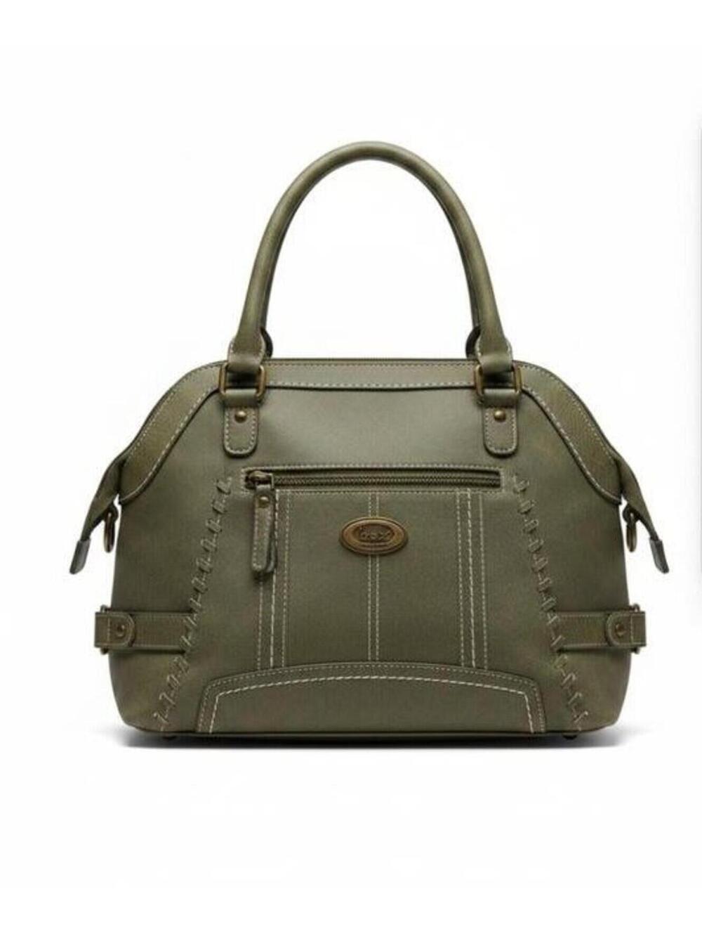 Olive Green Faux Leather Handbag with Front Pocket and Adjustable Straps